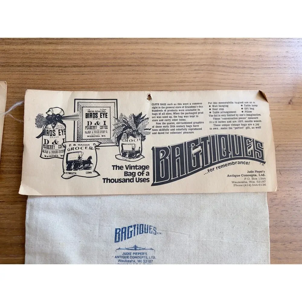 Lot 2 Vtg Bagtiques Linen Bags Jude Pieper Antique Concepts 1981 Advertising
